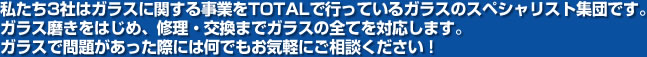 私たち3社はガラスに関する事業をTOTALで行っているガラスのスペシャリスト集団です。ガラス磨きをはじめ、修理・交換までガラスの全てを対応します。ガラスで問題があった際は何でもお気軽にご相談ください！